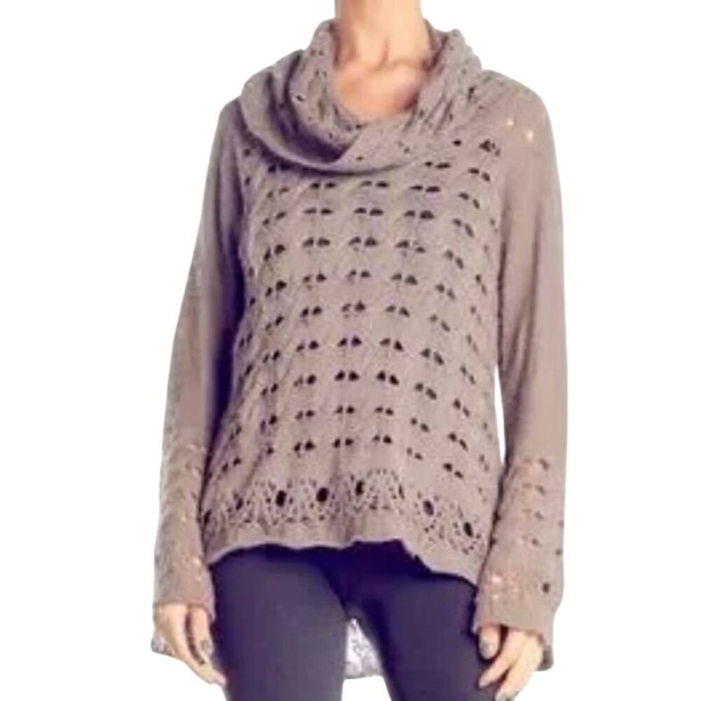 Nine West Sz M Tan Open Cable-knit Cowl Neck Sweater With Bell Sleeves Fairy